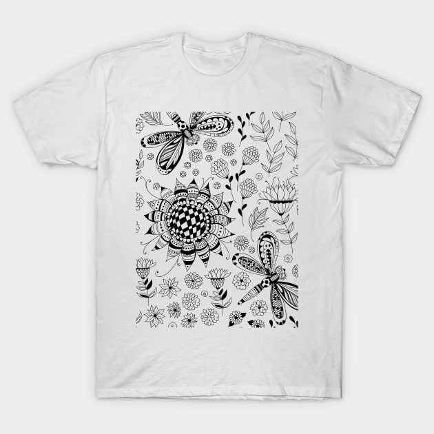 Dragonflies and flowers T-Shirt by katerinamk